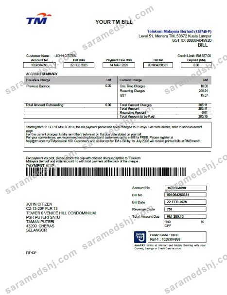Malaysia Telekom utility bill template in Word and PDF formats
